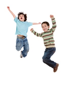 Two happy children jumping at once