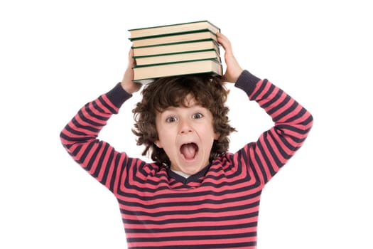 Adorable child with many books