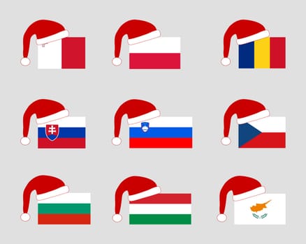 EU flags at Christmas time with red santa hat