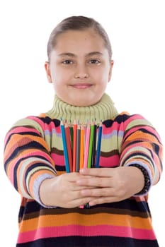 Adorable girl with many crayons of color