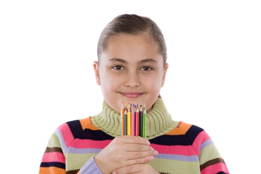 Adorable girl with many crayons of color