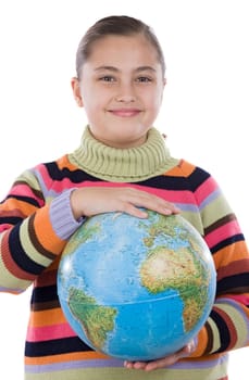 Adorable girl with a globe of the world