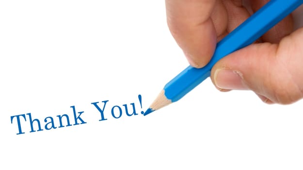 Hand with blue pen writing Thank You