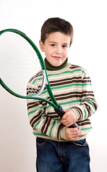 Adorable boy with racket of tennis