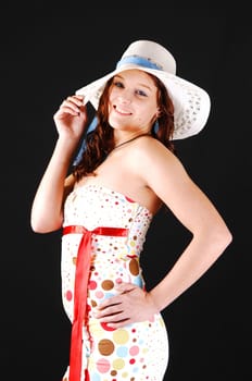 Pretty girl with white hat.