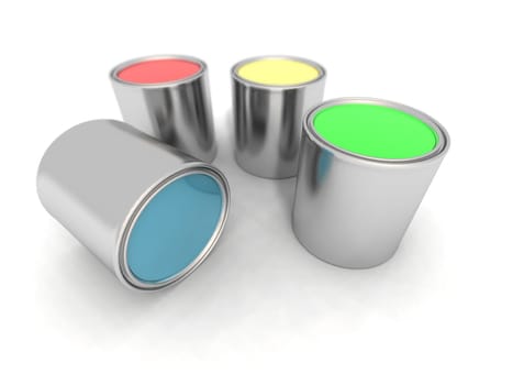 blue, red, yellow and green paint cans