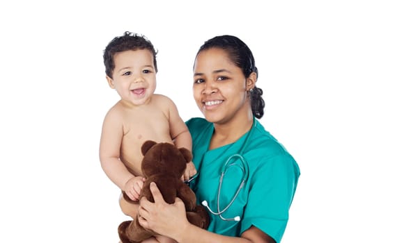 Adorable doctor with a baby in her arms