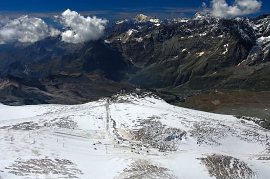 Plateau Rosa with mountain stationTesta Grigia in Italy,Mont Blanc summit behind,S