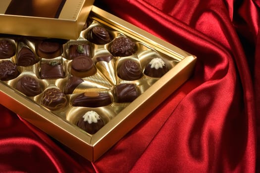 Golden chocolates box on red satin