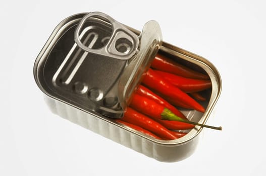 Red hot chilli peppers in open can
