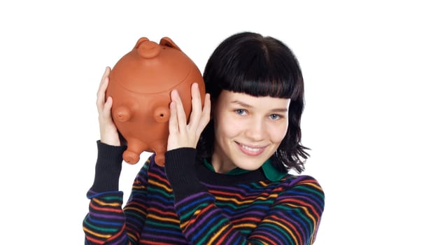 Casual girl with money box