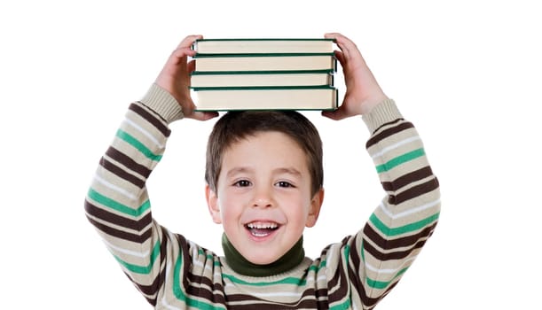 Adorable child with many books on head