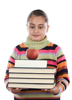 Adorable girl with many books