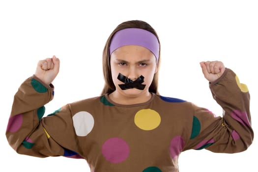 Angry girl with adhesive on her mouth