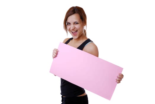 Young woman with advertising sign