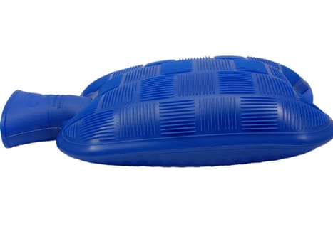 Blue hot water bottle against white background
