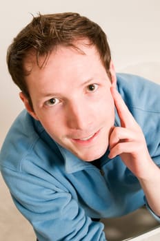 man looking up to the camera