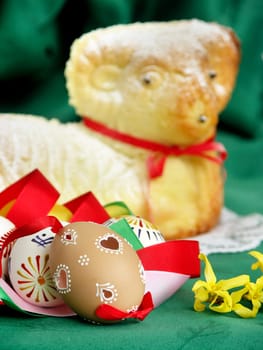 Easter - still-life with painted eggs and sweet lamb