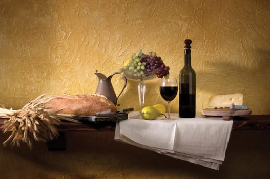 Wine Cheese and Bread Still Life