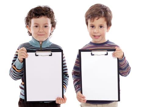 Two beautiful boys student with notepad