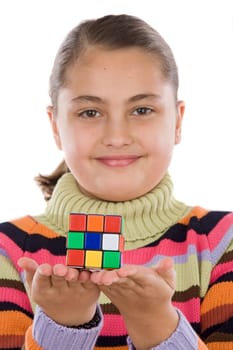 Little girl playing with a colorfull cub