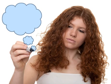 Teenager in front of glass wall with cloud