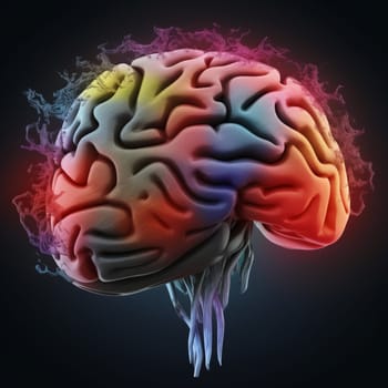 The human brain glows, multi-colored , on dark background