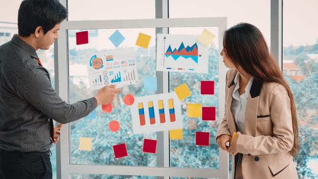 Business people work on project planning board in office and having conversation with coworker friend to analyze project development . They use sticky notes posted on glass to make it organized. Jivy