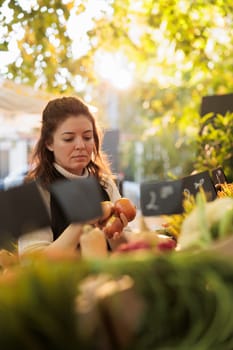 Young small business owner arranging bio fruits and veggies and preparing to sell organic eco produce at outdoor stand. Female farmer vendor selling fresh products, healthy food.