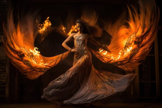 Within the realm of fantasy, elegant phoenix dancers grace the stage, their mesmerizing performances engulfed in flames.