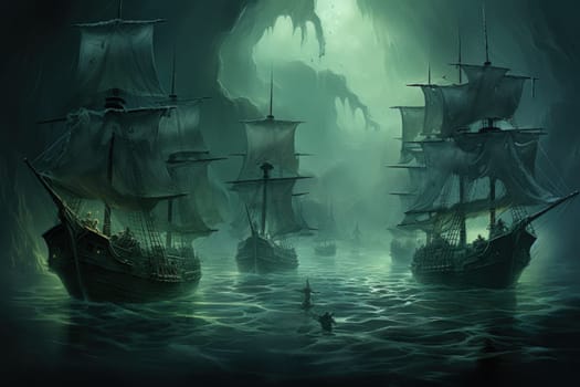Embark on a haunting journey across the treacherous waters with this captivating illustration by a professional visual artist.