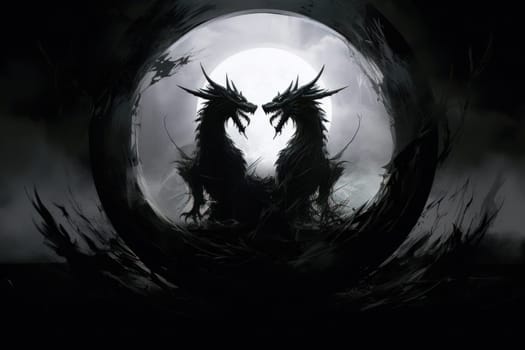 In the realm of fantasy, ferocious shadow dragons dominate the skies, their majestic forms wreathed in darkness.