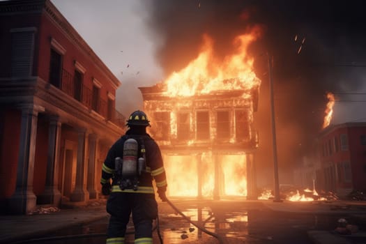 Firefighter inside a burning building, working to rescue people and contain the flames. Courage and danger in the line of duty. Is AI Generative.