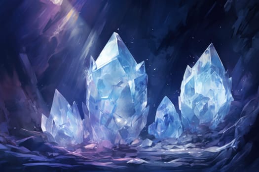 Deep within the realms of fantasy, mysterious icy caves hold untold treasures, guarded by glistening crystal golems.