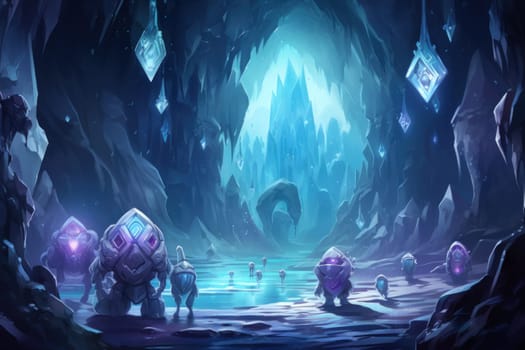 Deep within the realms of fantasy, mysterious icy caves hold untold treasures, guarded by glistening crystal golems.