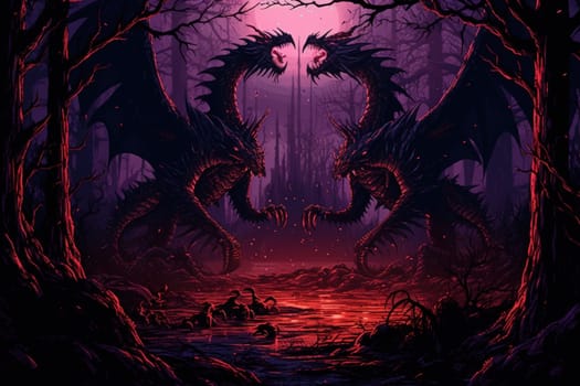 In the realm of fantasy, ferocious shadow dragons dominate the skies, their majestic forms wreathed in darkness.