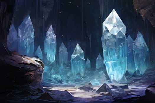 Deep within the realms of fantasy, mysterious icy caves hold untold treasures, guarded by glistening crystal golems.
