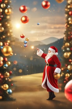 Female Santa Claus play and juggle with Christmas time ornaments outdoors in the snow at sunset generative ai art