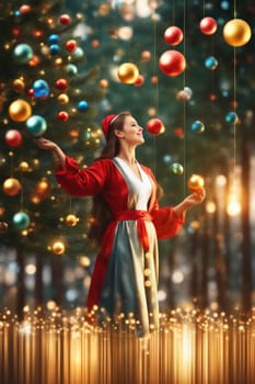 Female Santa Claus play and juggle with Christmas time ornaments outdoors in the snow at sunset generative ai art