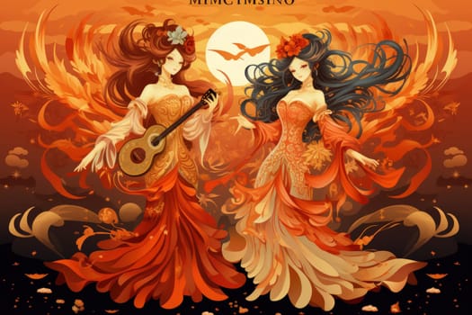 Within the realm of fantasy, elegant phoenix dancers grace the stage, their mesmerizing performances engulfed in flames.