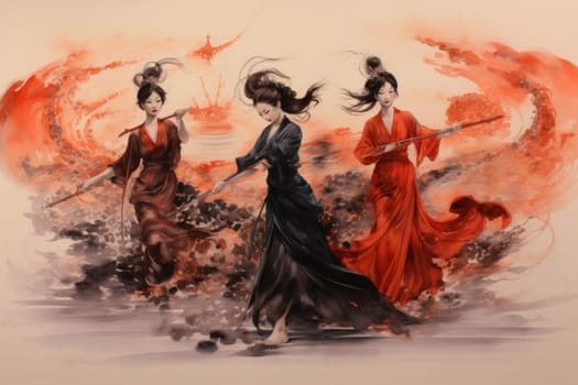 Within the realm of fantasy, elegant phoenix dancers grace the stage, their mesmerizing performances engulfed in flames.