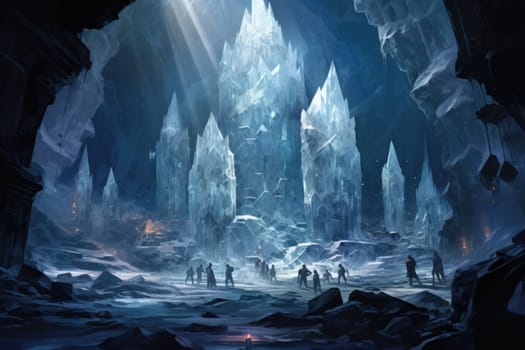 Deep within the realms of fantasy, mysterious icy caves hold untold treasures, guarded by glistening crystal golems.