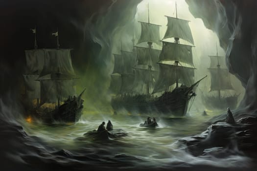 Embark on a haunting journey across the treacherous waters with this captivating illustration by a professional visual artist.