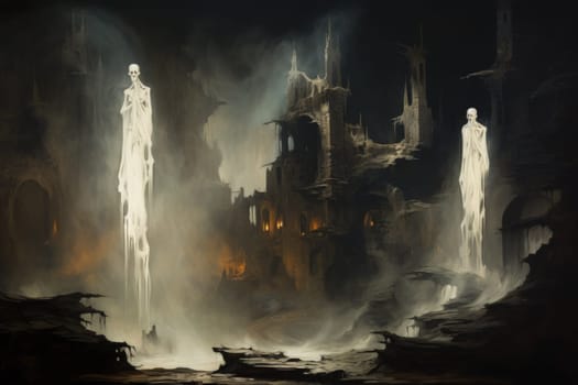 In the realm of fantasy, eerie and ethereal, ancient ruins and crumbling castles are shrouded in an unsettling atmosphere, haunted by ghostly apparitions.