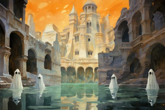 In the realm of fantasy, eerie and ethereal, ancient ruins and crumbling castles are shrouded in an unsettling atmosphere, haunted by ghostly apparitions.