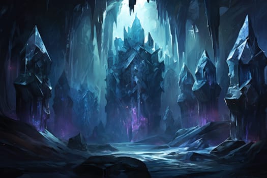 Deep within the realms of fantasy, mysterious icy caves hold untold treasures, guarded by glistening crystal golems.