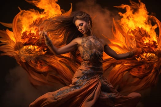 Within the realm of fantasy, elegant phoenix dancers grace the stage, their mesmerizing performances engulfed in flames.