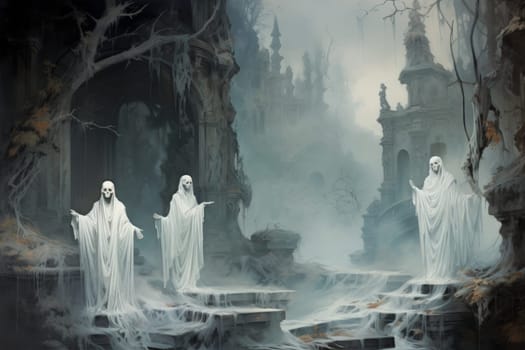 In the realm of fantasy, eerie and ethereal, ancient ruins and crumbling castles are shrouded in an unsettling atmosphere, haunted by ghostly apparitions.