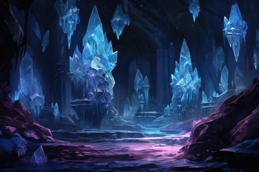 Deep within the realms of fantasy, mysterious icy caves hold untold treasures, guarded by glistening crystal golems.