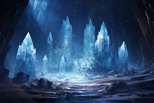Deep within the realms of fantasy, mysterious icy caves hold untold treasures, guarded by glistening crystal golems.